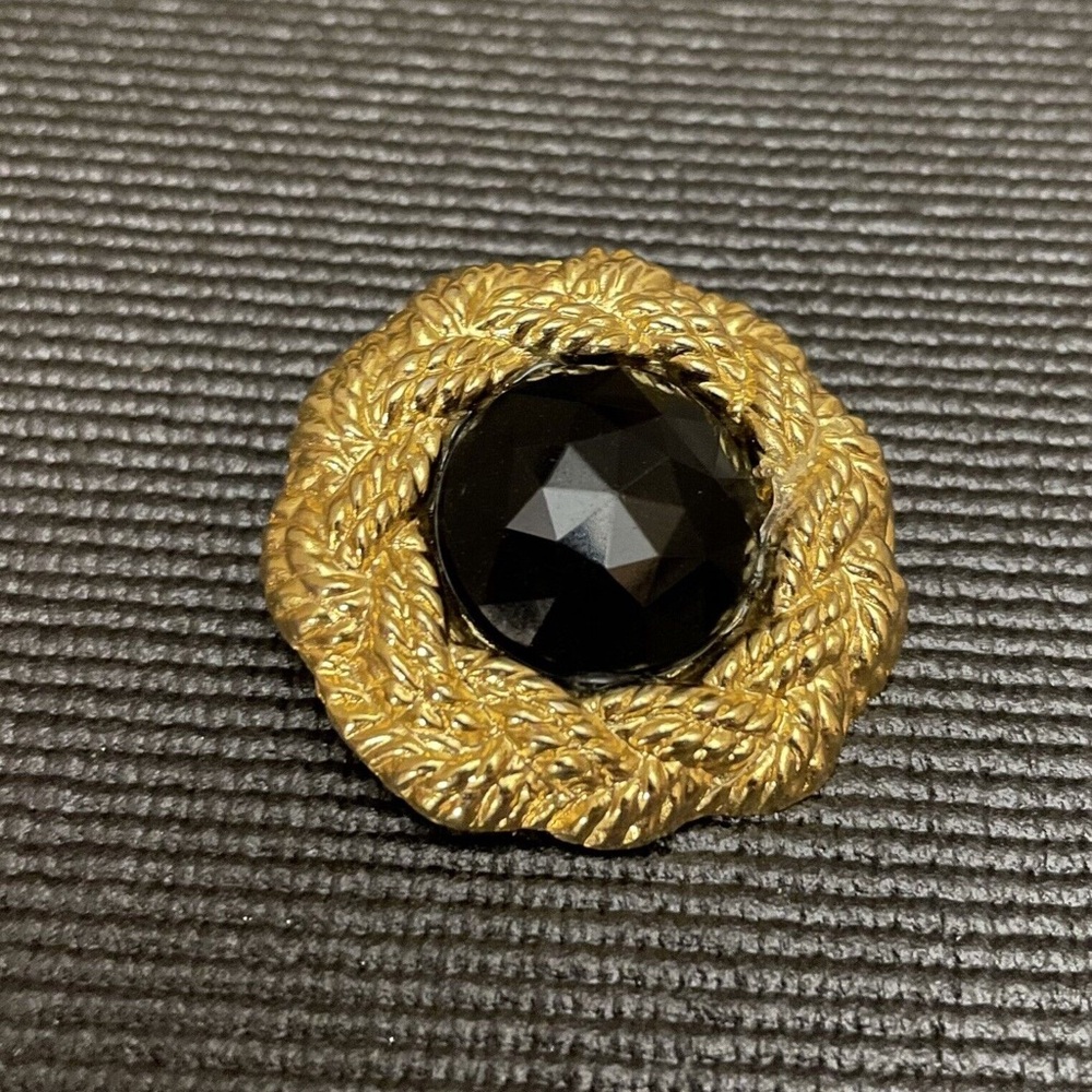 Vintage Mid Century Rope Textured Black and Gold Pin Brooch Retro